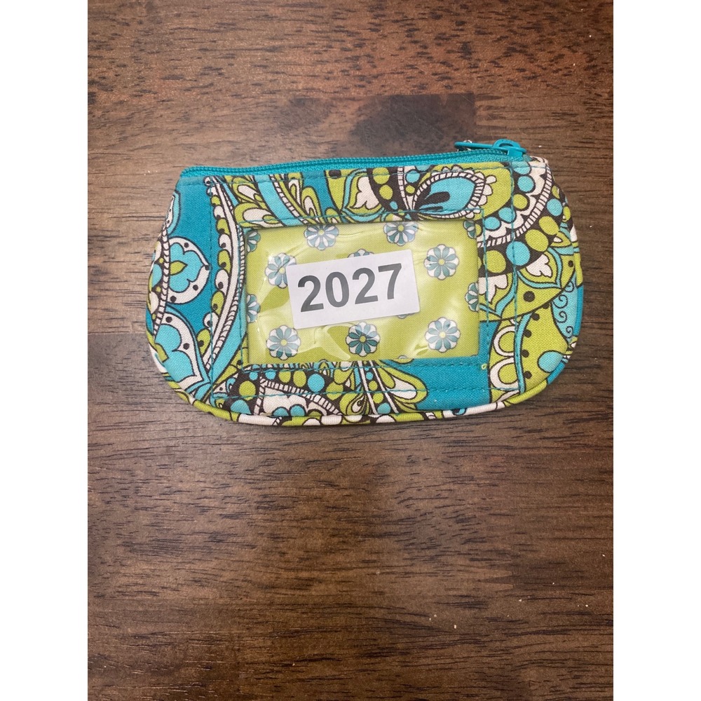 Vera Bradley Zip ID Case Wallet Turquoise Lime Green Paisley Floral Keychain